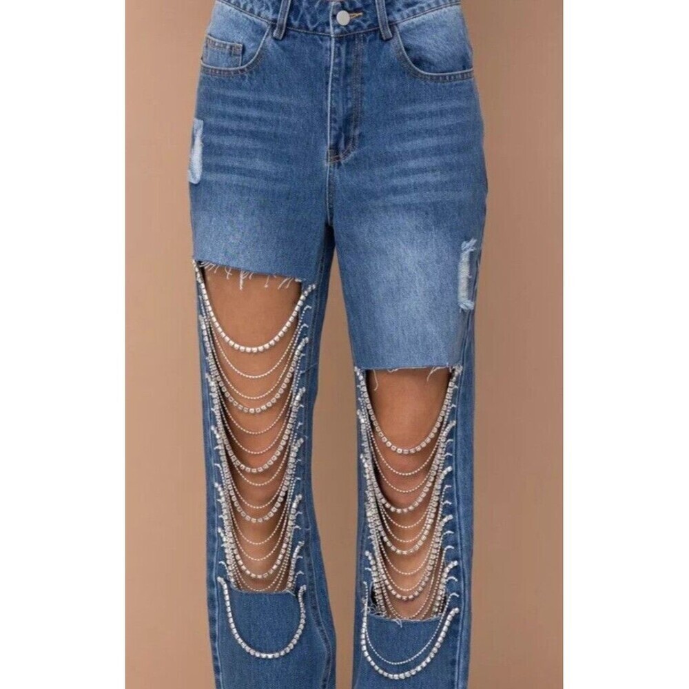Kiwi Denim Jeans Size Large Blue Color Drop Rhinestones. - Picture 2 of 16